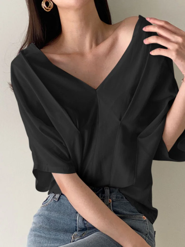 Casual V-Neck Gathered Blouse QueenFunky