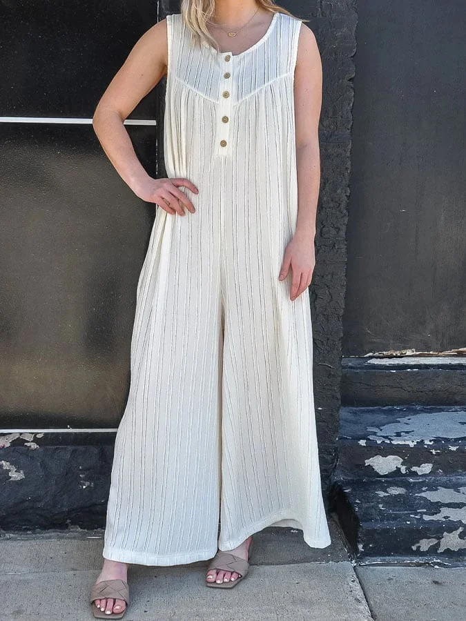 Women's Casual Round Neck Sleeveless Striped Print Button Jumpsuit Wide Leg Pants
