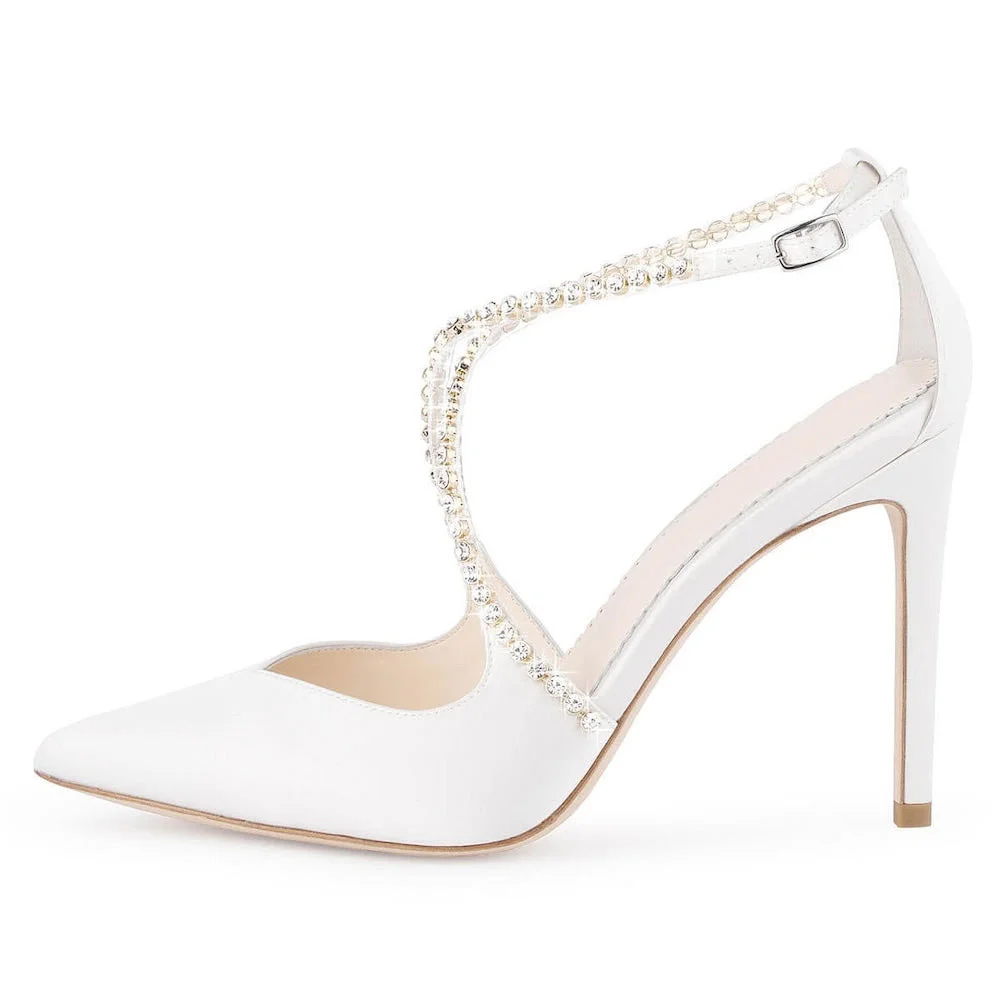 Elegant White Satin Pointed-Toe Cross Rhinestone Strap Wedding Heels