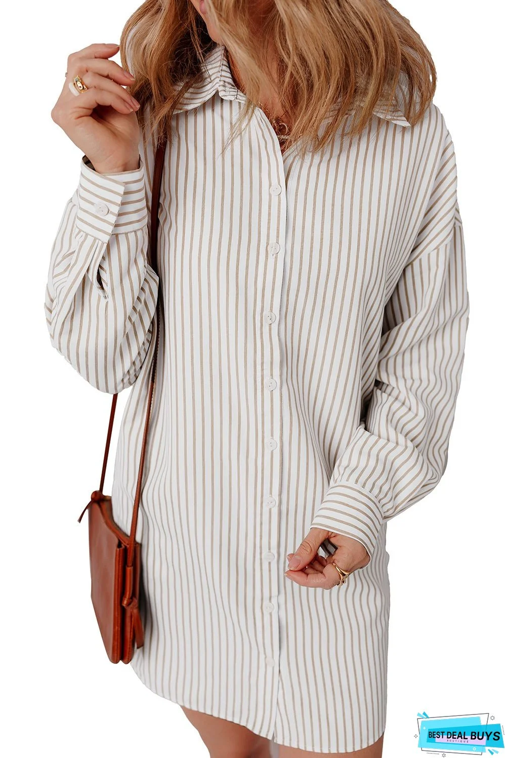 Khaki Stripe Long Sleeve Button Up Mini Shirt Dress