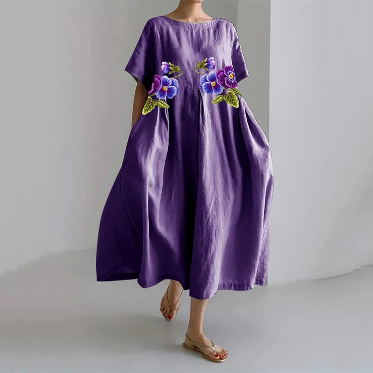 VChics Women's Purple Floral Design Printed Casual Loose Dress