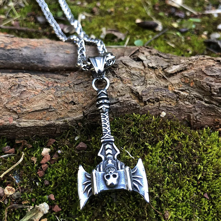 Coutureaura Norse Skull Viking Double Axe Necklace