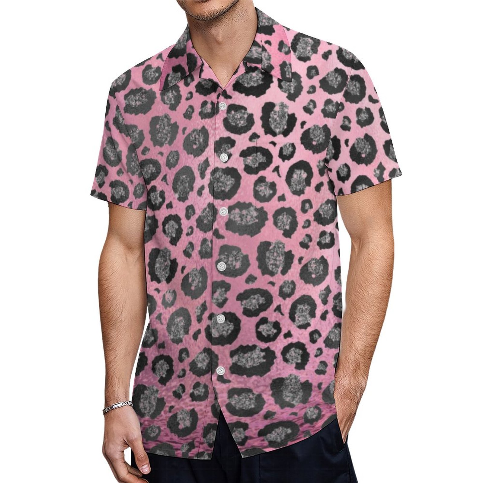 Glittery Leopard Print On Glossy Hot Pink Hawaiian Shirt Mens Button Down Tropical Hawaii Beach Shirts