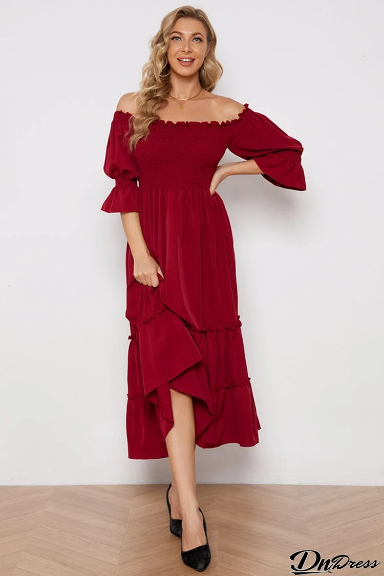 Off-Shoulder Flounce Sleeve Frill Trim Tiered Dress