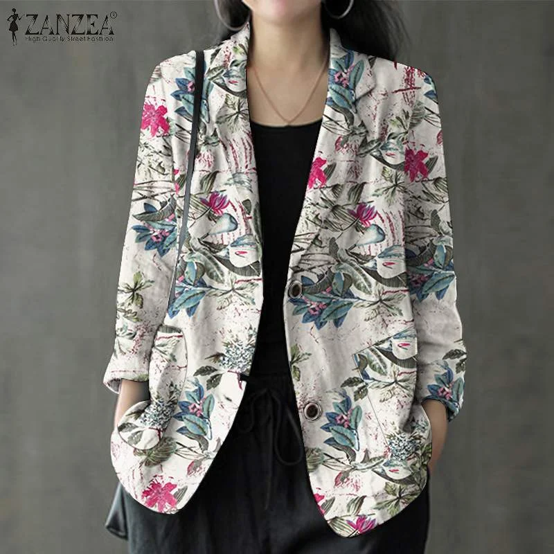 Oversized Women Autumn Blazer 2022 ZANZEA Kaftan Printed Coats Casual Long Sleeve Floral Outerwears Female Single Button Tunic