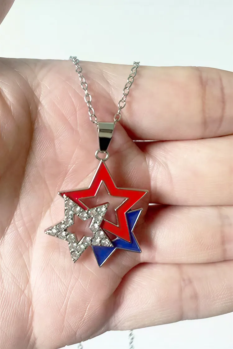 Independence Day American Flag Rhinestone Star Pendant Necklace Earrings Set 2024 - Xpluswear