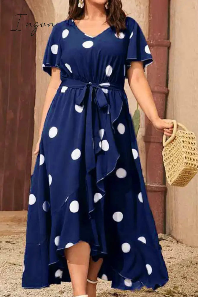 Ingvn - Tibetan Blue Casual Dot Print Patchwork V Neck Short Sleeve Dress Plus Size Dresses / Xl