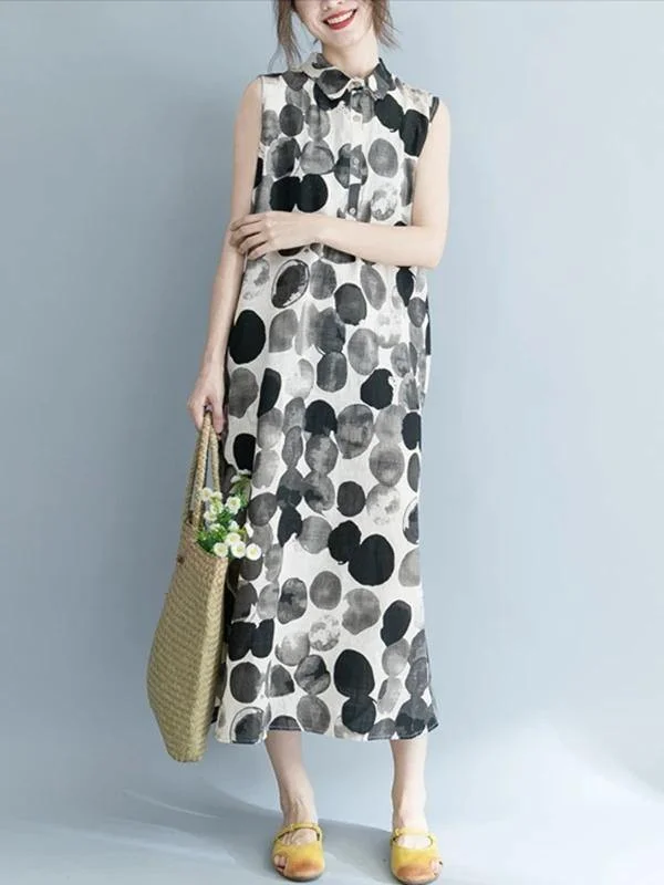 Women black dotted Cotton quilting clothes turn-down collar sleeveless Dresses