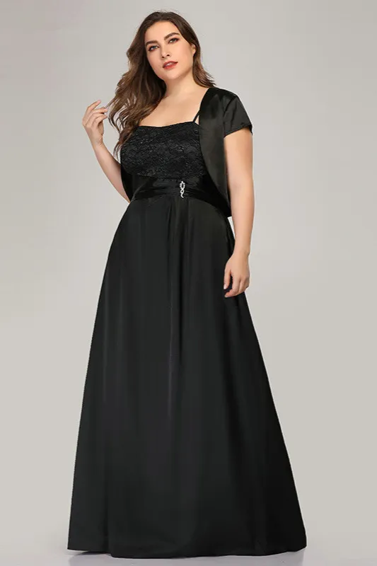 Black Lace Long Chiffon Plus Size Prom Dress