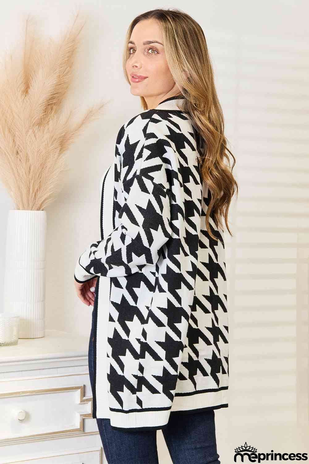 Woven Right Houndstooth Open Front Longline Cardigan