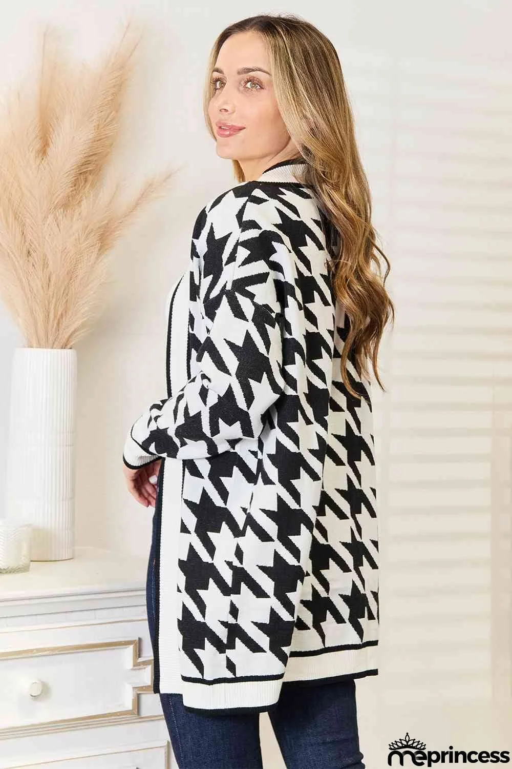 Woven Right Houndstooth Open Front Longline Cardigan