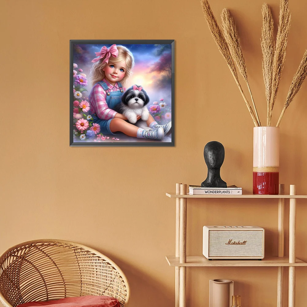 Diamond Painting - Full Round Drill - Garden Girl Dog(Canvas|30*30cm)