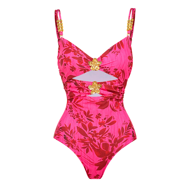 Rose Red Flower Print Cutout One Piece Swimsuit and Tiered Skirt