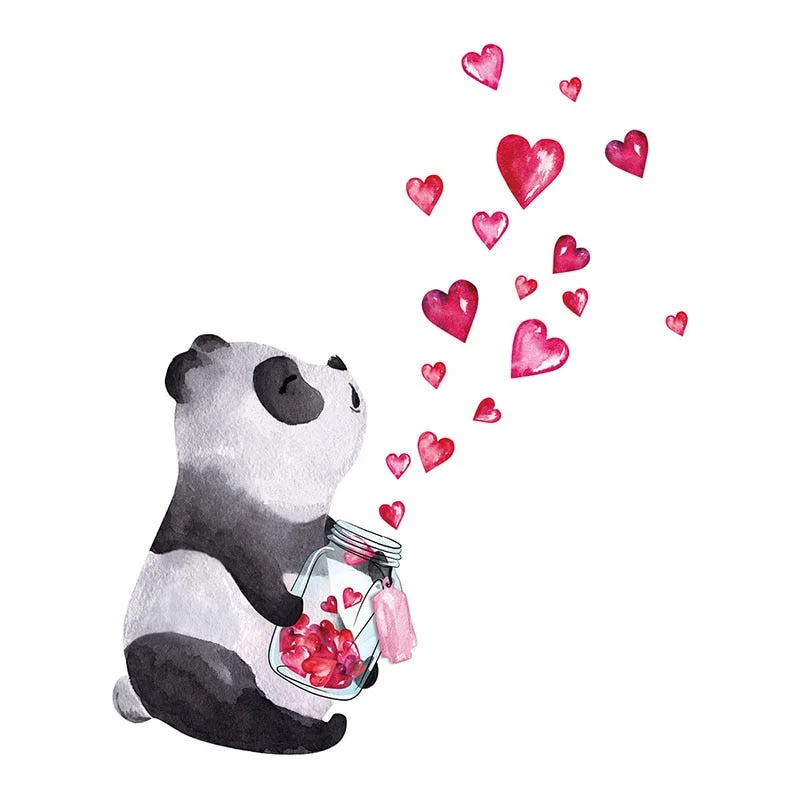 Hand Pained Cartoon Heart Panda Wall Stickers for Kids Room Home Decoration Wall Decals Living Room Bedroom Mural Home Decor
