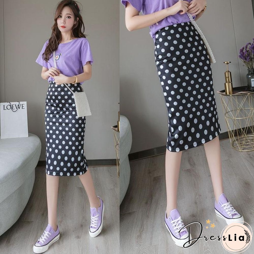 Summer New Polka Dot High Waist Skirt Mid-Length Slit Bag Hip Skirt Female Plus Size Skirts Womens Print Casual