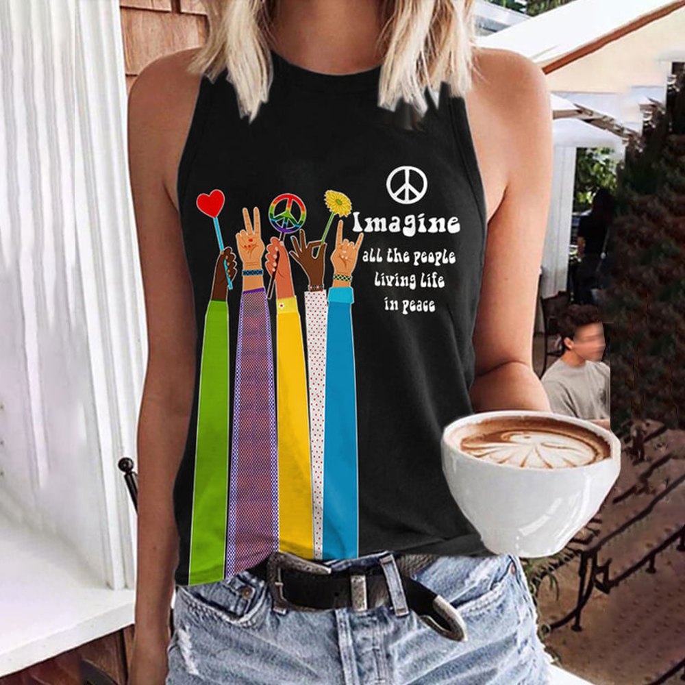 Comstylish Retro Hippie Imagine All The People Living Life In Peace Print Tank Top