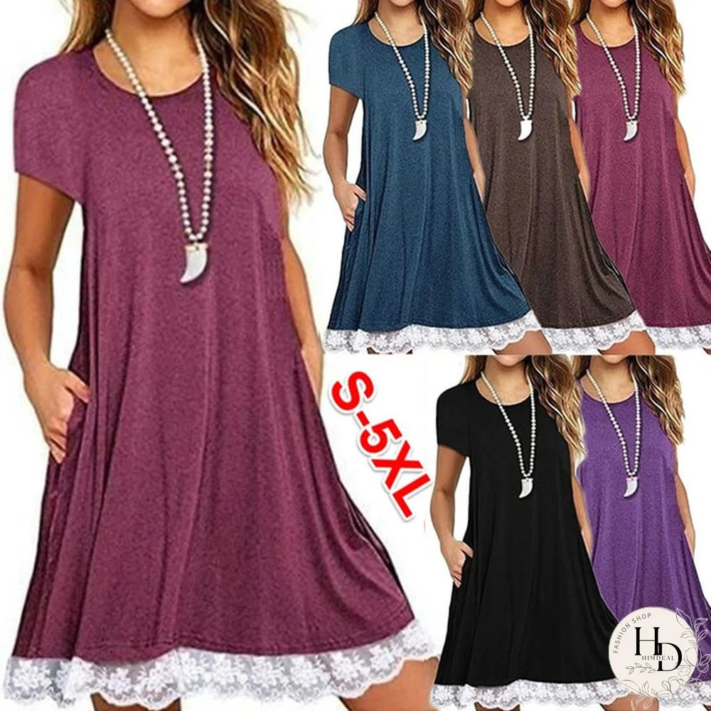 Summer Women Casual Solid Color Loose Short Sleeve Beach A-Line Pocket Dress Sexy Lace Patchwork Round Neck Short Club Party Mini Midi Dresses Robe Ete Femme Knee Length Pleated Skirts Ladies Fashion Cotton T-Shirt Dress Plus Size S-5Xl