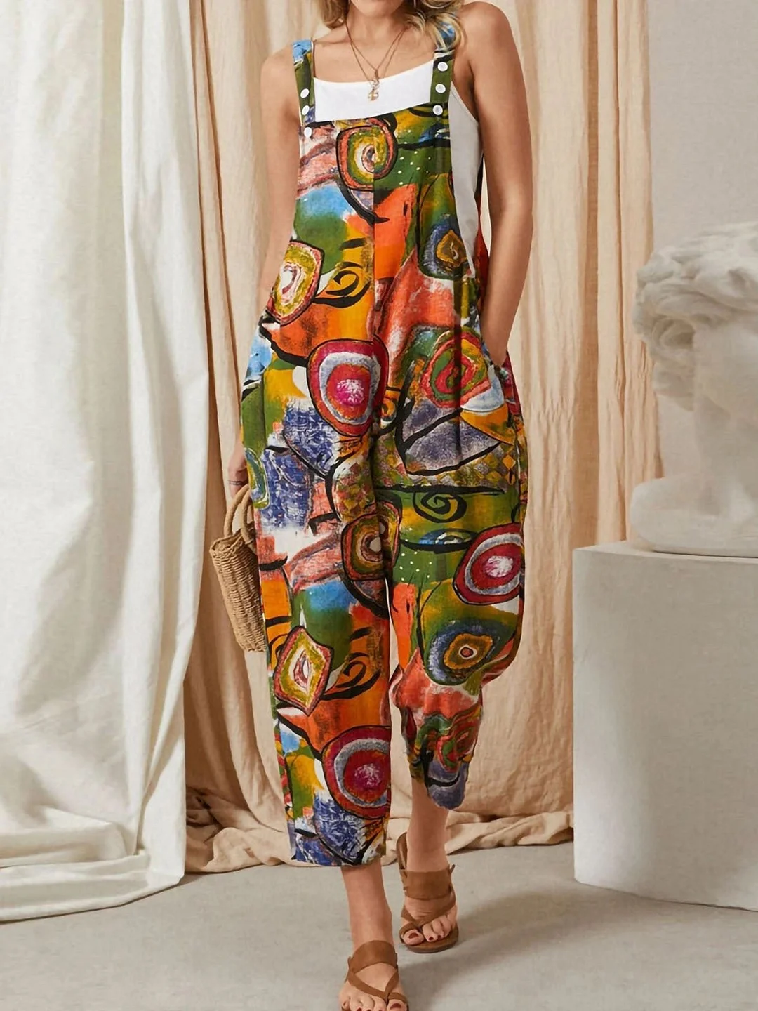 Women's Jumpsuits Loose Vintage Print Pocket Jumpsuit