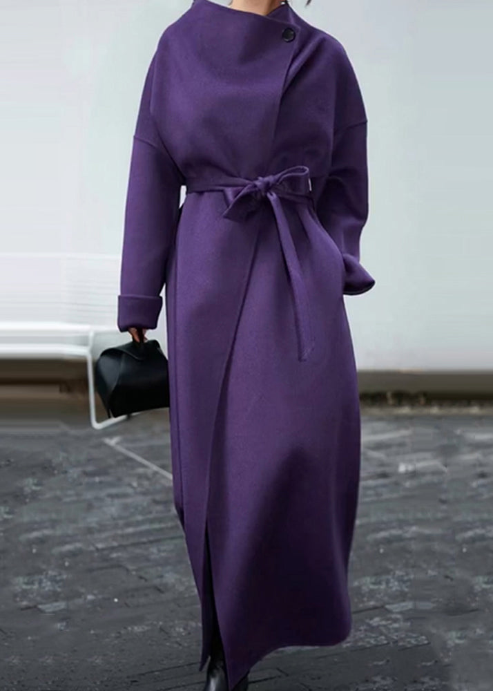 VCSHOES Purple Pockets Tie Waist Patchwork Woolen Coat Winter