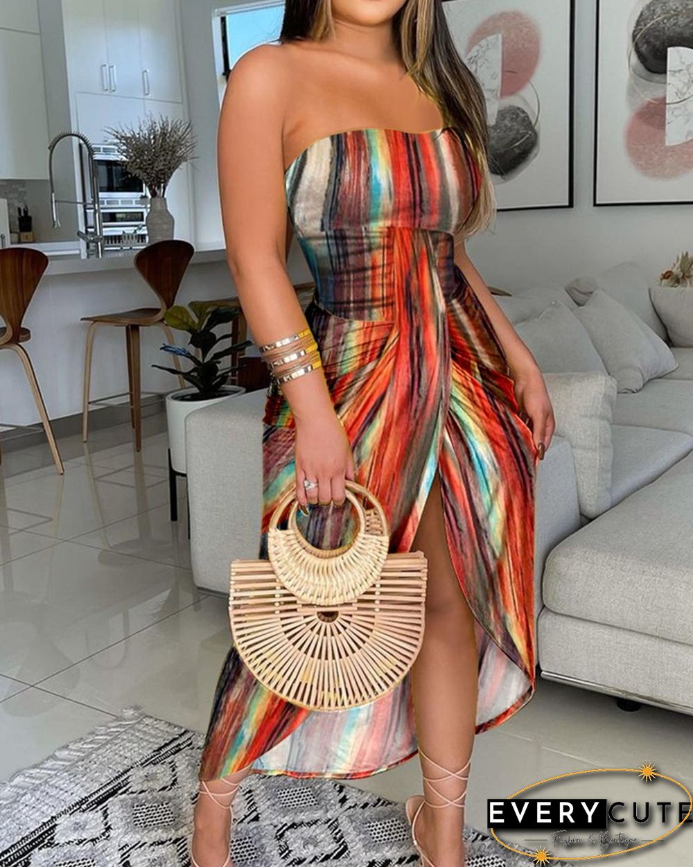 Multi-color Print Colorblock Bandeau Twisted Ruched Slit Dress