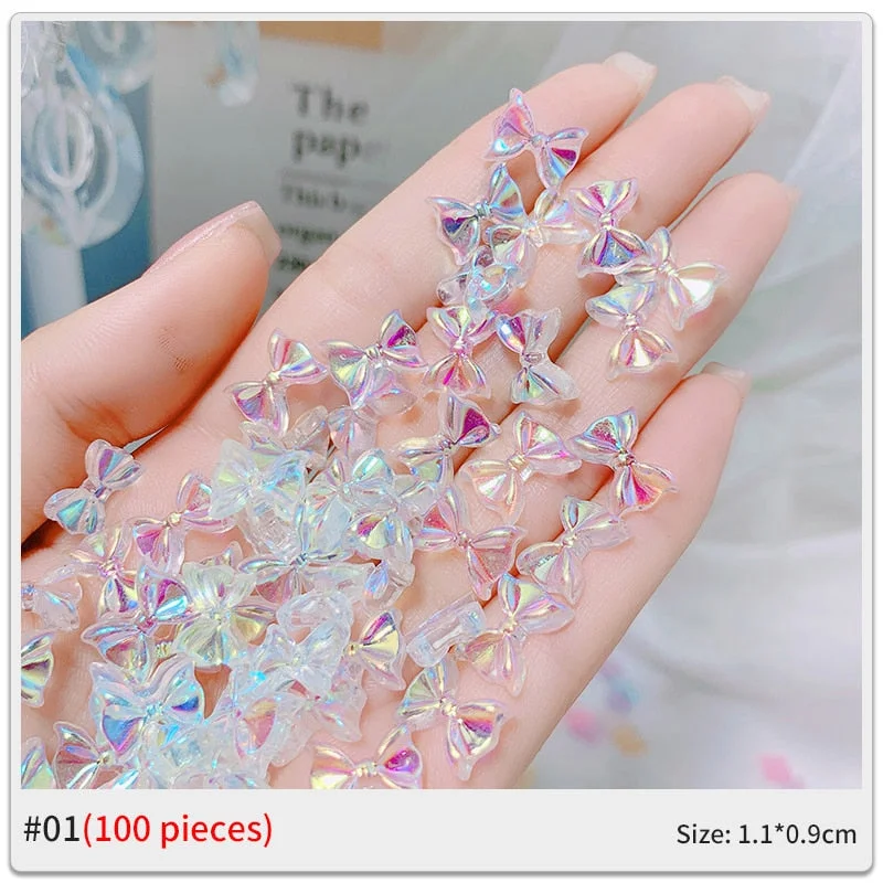 100 Pieces Mixed Nail Art Bow 3D Small Bow Nail Art Decoration Bulk Glitter Bow Color AB Crystal DIY Nail Rhinestone Accessories