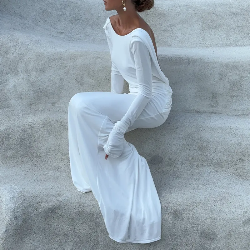 Brownm Brownm Autumn New Sexy Big Show Back Solid Color High Waist Temperament Slim Long Sleeve Dress Female