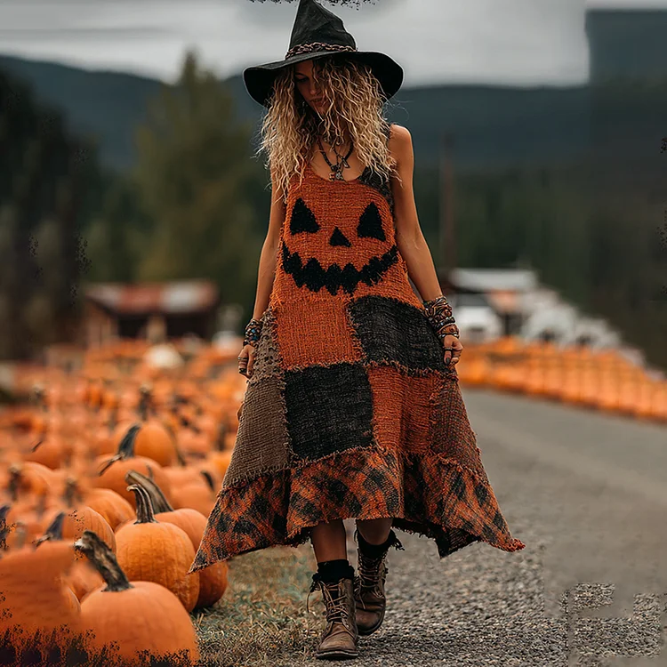 Vintage Halloween Pumpkin Face Patchwork Art Linen Sleeve Dress