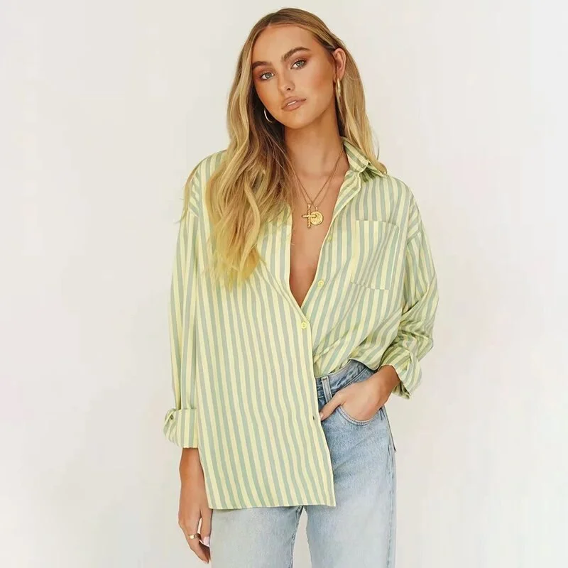 Graduation Gifts  Woman Fashion Blouse Trendy Loose Striped Long-sleeved Shirt Button Up Shirt Blouse  Plus Size Woman Tops