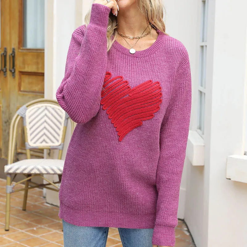 Athvotar Athvotar Autumn And Winter Loose Love Embroidery Round Collar Long-Sleeved Knitted Sweater Woman