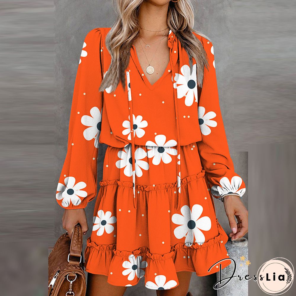 Vintage Floral Printed Mini Dress Women Casual Long Sleeve V Neck Lace-up Early Autumn Dress Fashion Loose Waist Ruffle Dresses