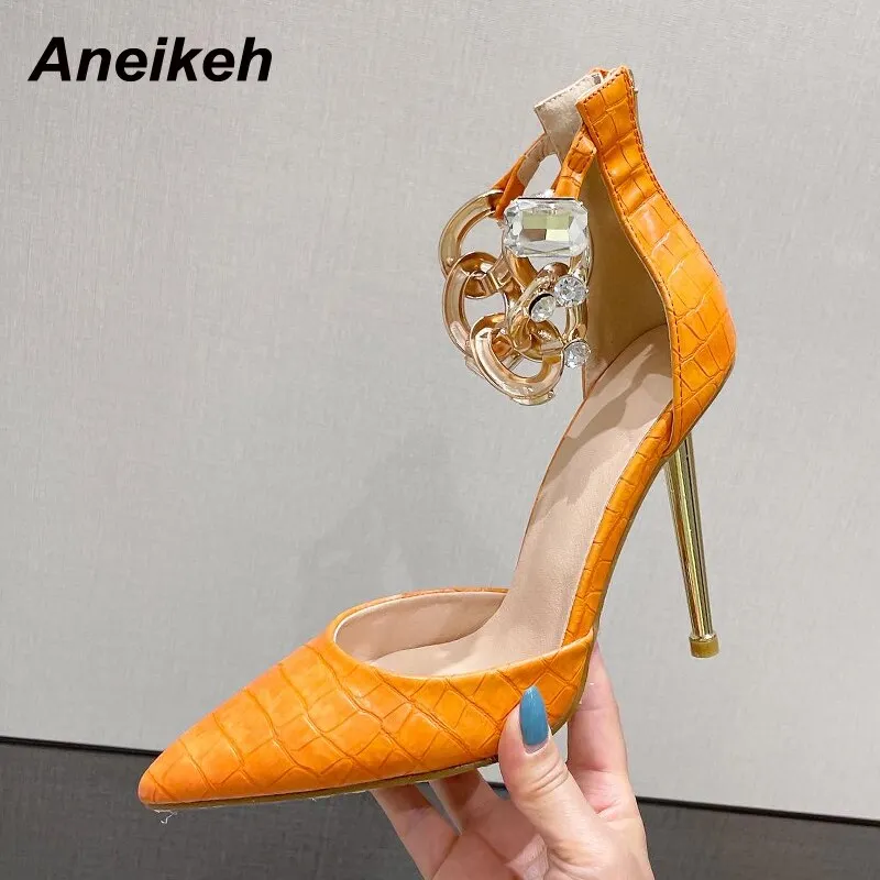 Aneikeh NEW Spring Fashion PU/PVC Women Pumps 2021 Sexy Crystal Pointed Toe Checkered Thin Heels ZIP Ladies Shoes Party Wedding
