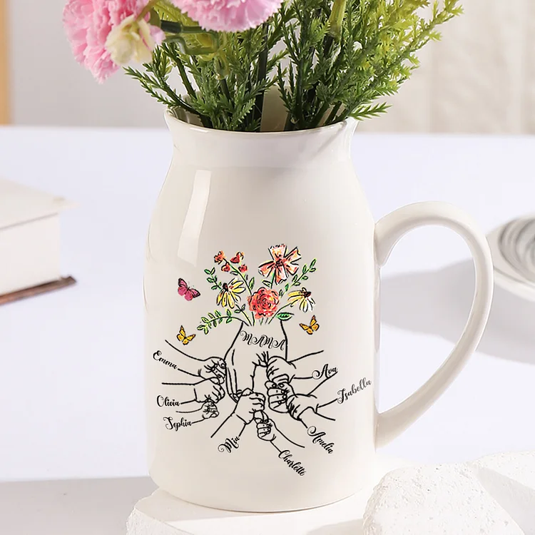 Personalisierte 8 Namen & Text Blume Hand in Hand Familie Vase