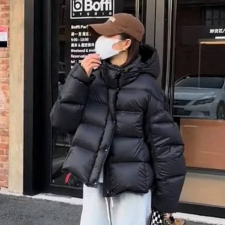 Woherb Soft Waxy Puff Short Hooded Turtle Back Down Jacket Female Winter New Small Loose Show Thin Bread Coat-Outfit Ideas