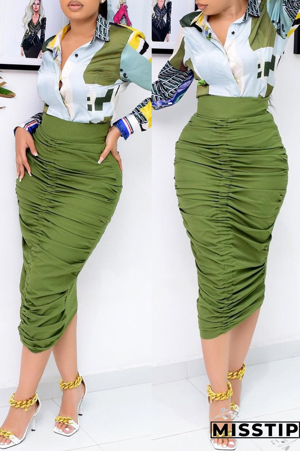 Army Green Fashion Casual Solid Patchwork Fold Regular High Waist Conventional Solid Color Bottoms