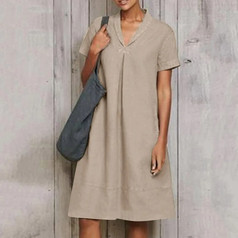 Vintage Plain Foldover Collar Midi Dress