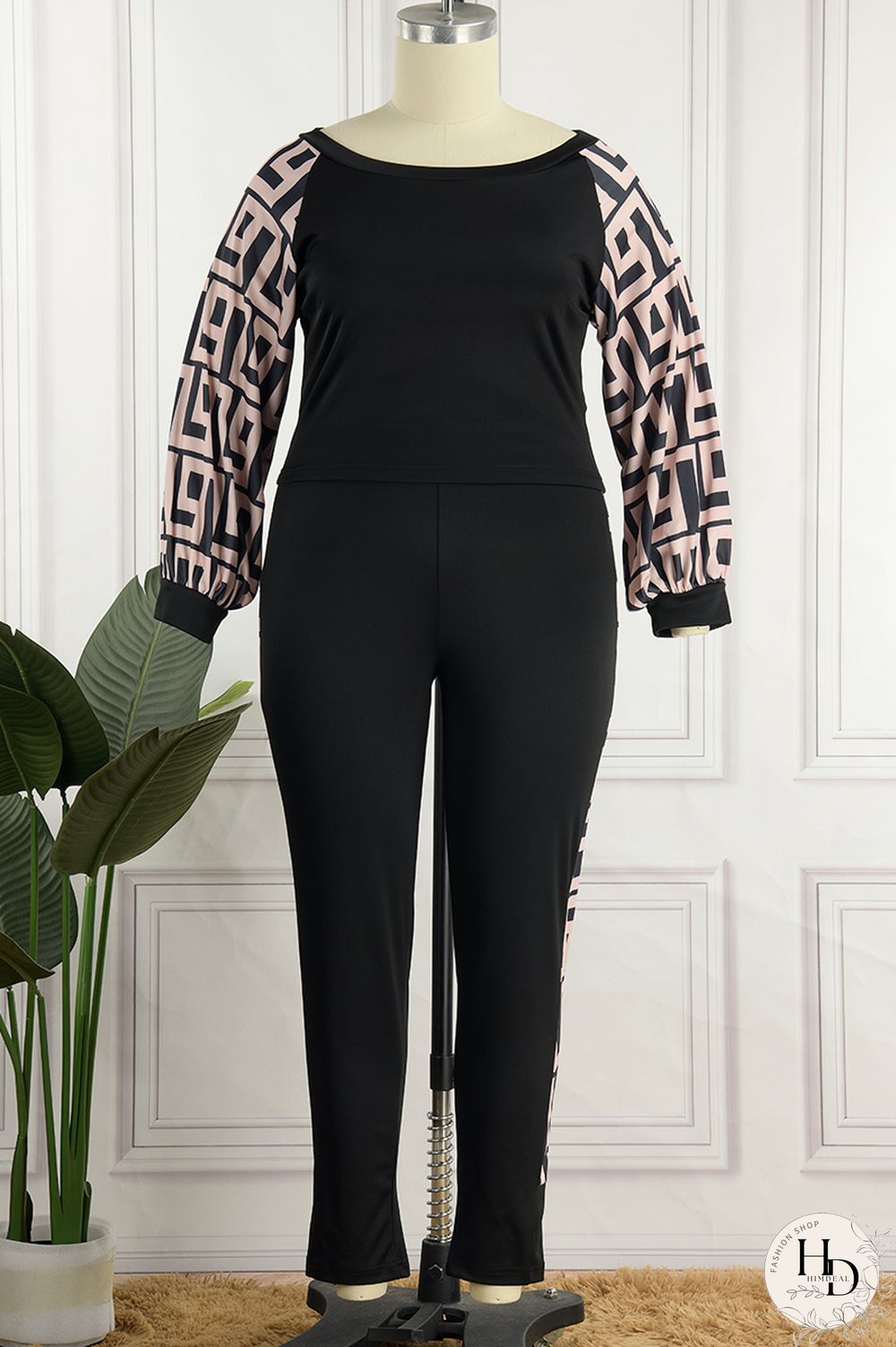 Burgundy Sexy Casual Print Patchwork Contrast O Neck Long Sleeve Two Pieces