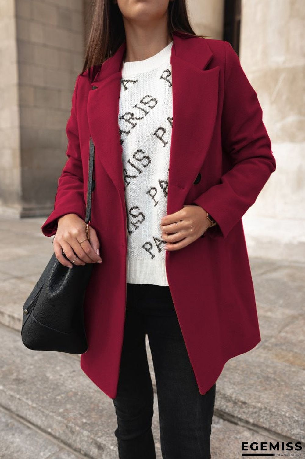Autumn and Winter Solid Color Long Sleeve Double-row Button Suit Collar Woolen Coat Women | EGEMISS