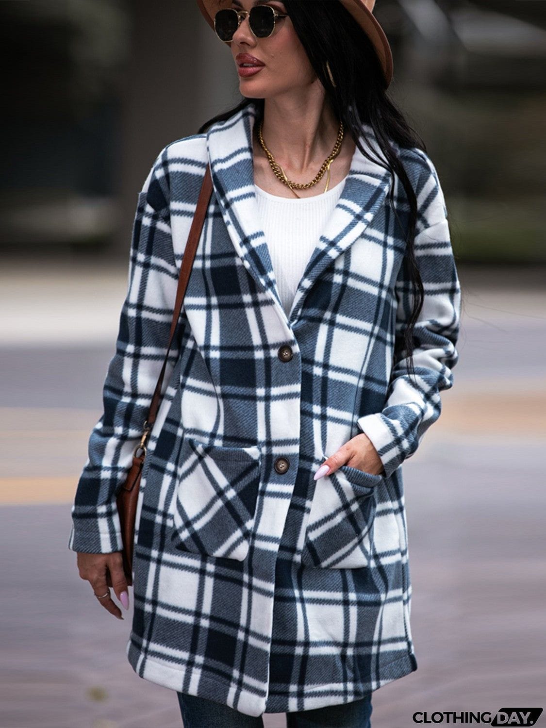 Plaid Shawl Collar Coat with Pockets