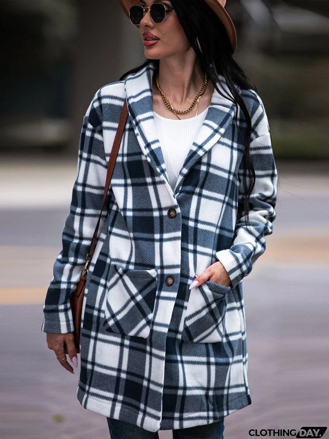 Plaid Shawl Collar Coat with Pockets