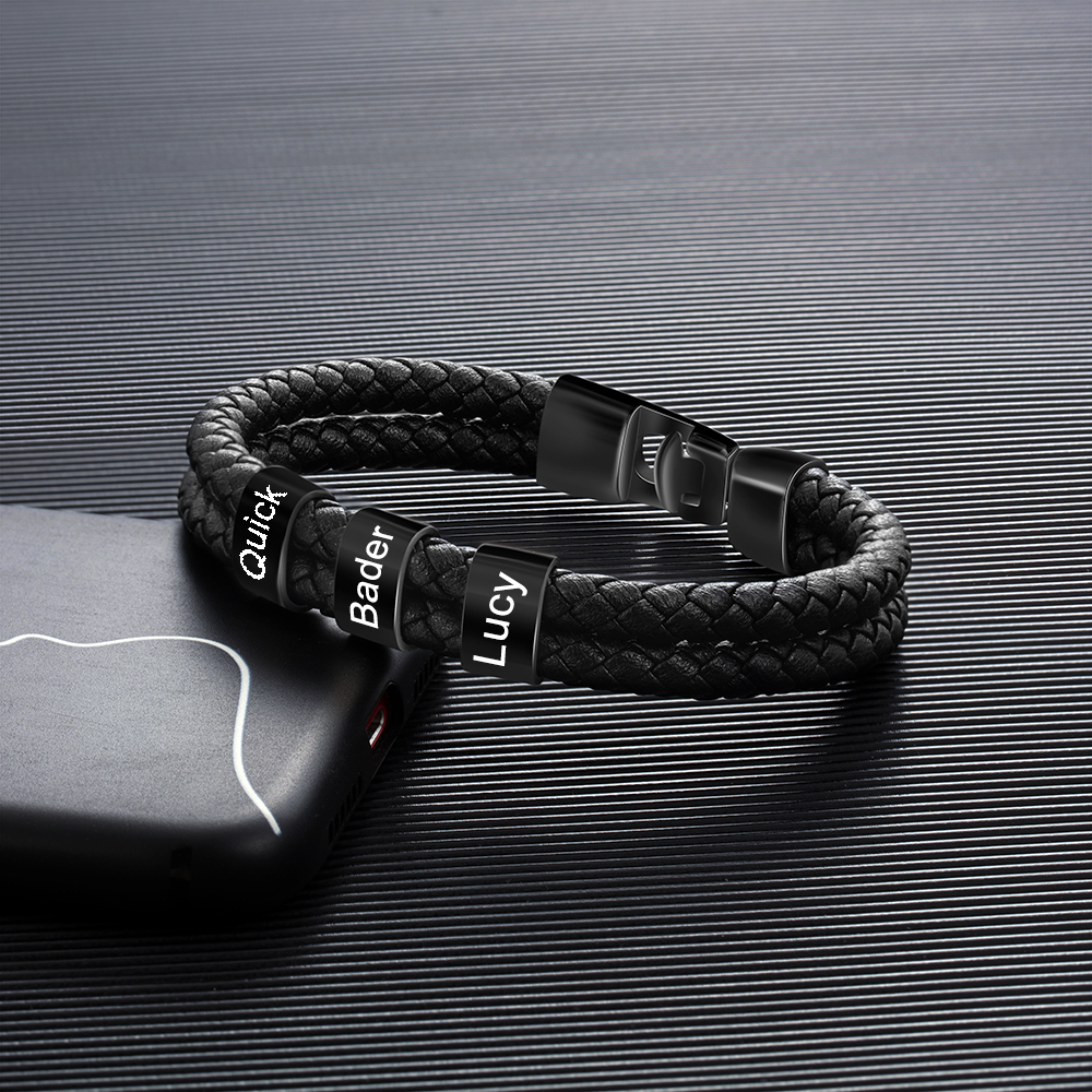 Black Personalised 1 Photo & 1 Letter & 4 Names Gift Set Custom Wallet & Bracelet & Pen Gift Box Set Father’s Day Gifts