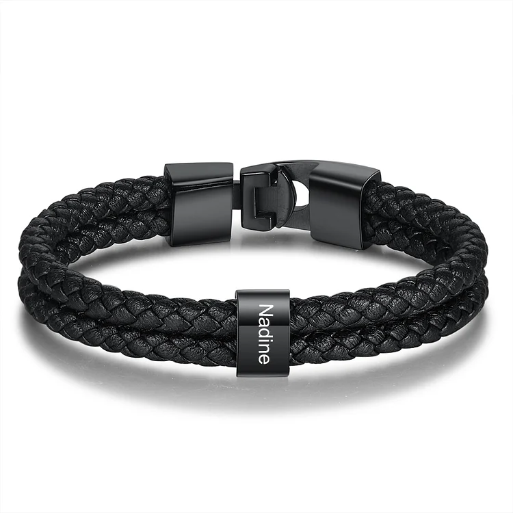 Men Leather Bracelet with 1 Bead Custom Two Layers Bracelet Black