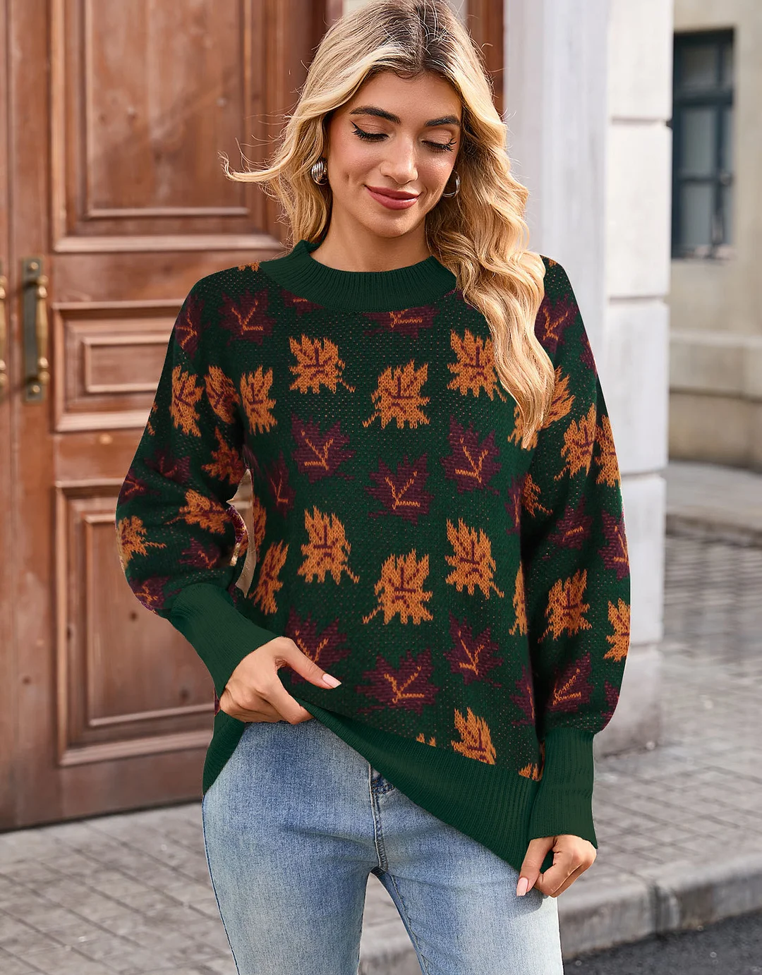 Athvotar Athvotar And Winter New Sweater Women's Casual Maple Leaf Pattern Of The Flower Round Collar Knitted Shirt