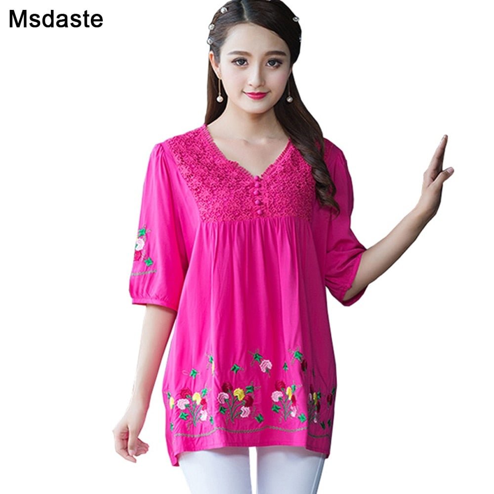 Summer Blouses for Women 2019 Vintage Cotton Linen Floral Embroidery Large Size Ladies Shirts and Tops Loose Woman Top Blusas