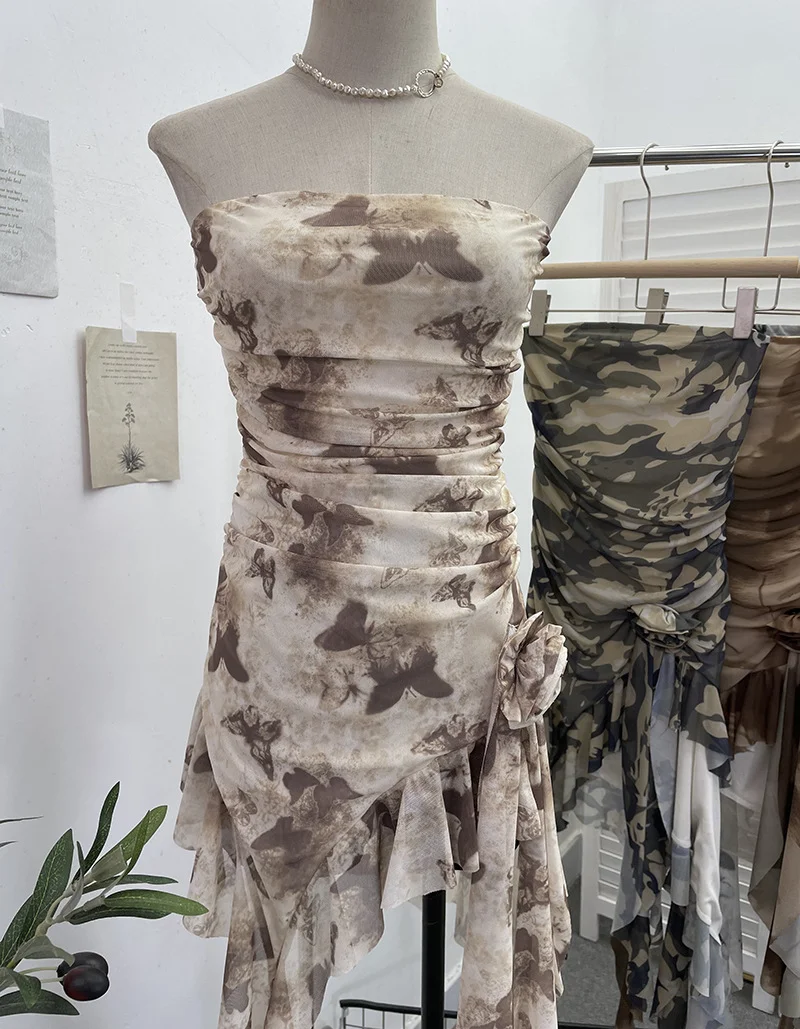 Churchf Solid Shot Tie Net Yarn Printing Irregular Ribbon Three-Dimensional Flowers Small Man With Chest Short Skirt Dress Dress 6652