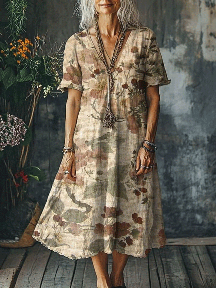 Women's Vintage Flower Art Print Pocket Cotton Dress