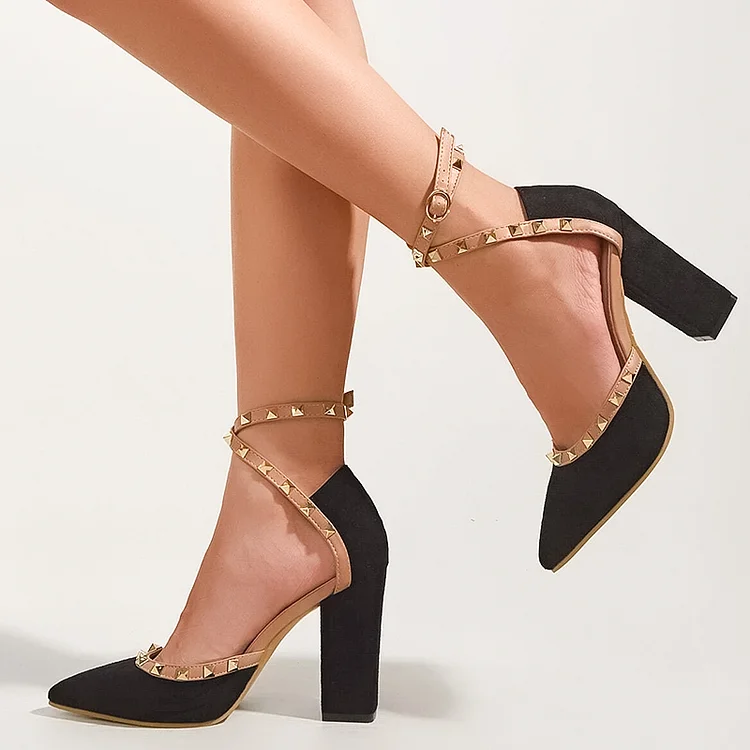 Black Pointy Toe Studs Heels Strappy Shoes Office Chunky Heel Pumps |FSJ Shoes