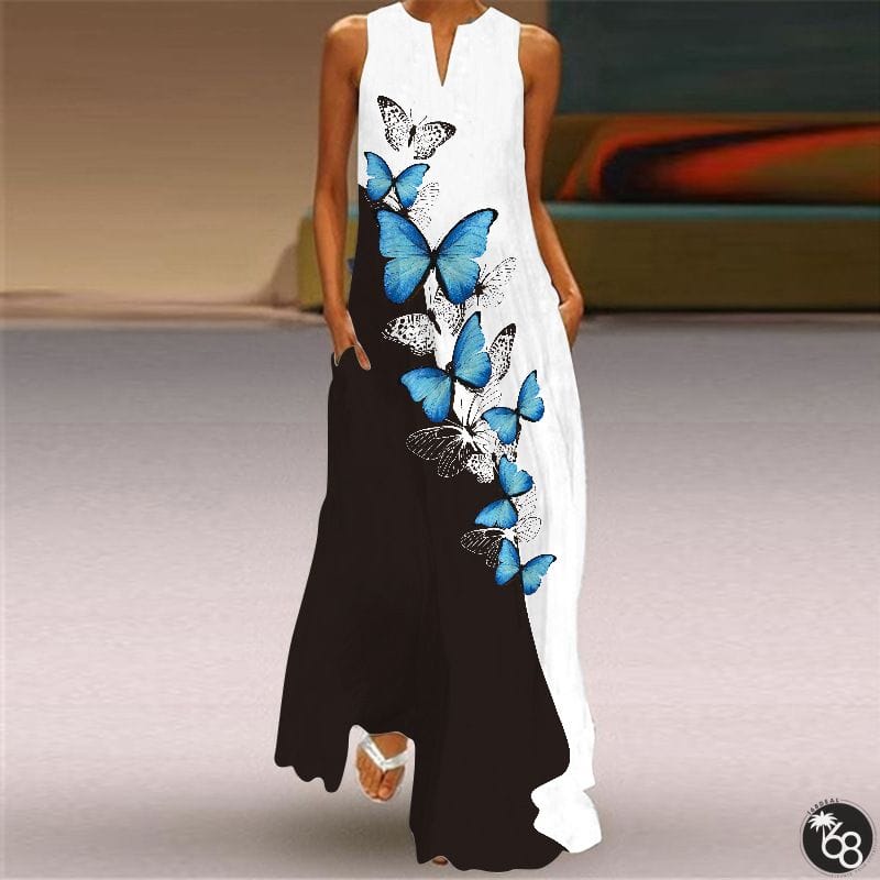 Women's Sleeveless Dress In Summer V-Neck Print Dress White Dresses | 168DEAL