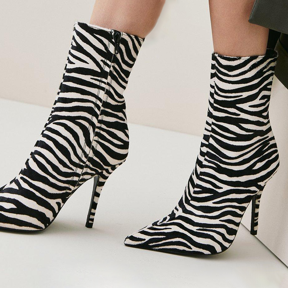 Women's Zebra Print Pointed Toe Stiletto Heel Fashion Ankle Boots Nicepairs