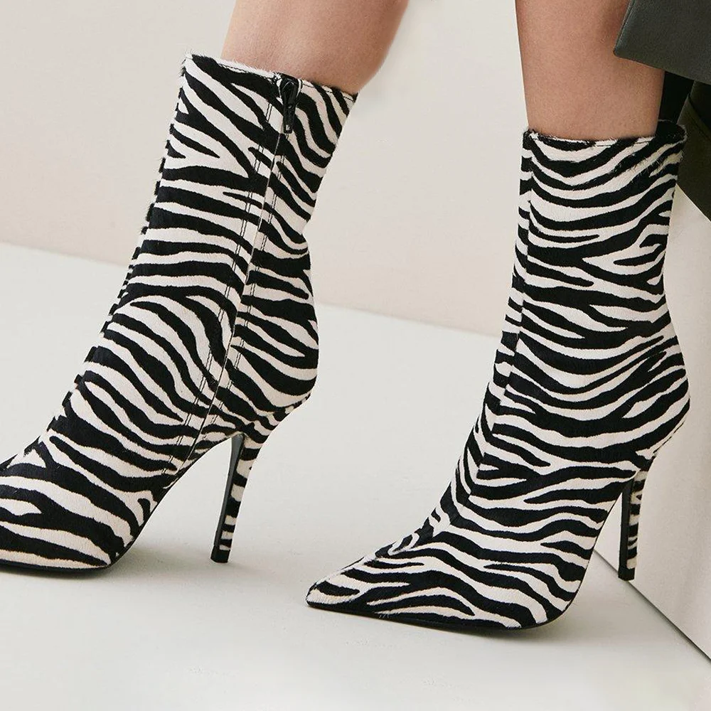 Black White Zebra Ankle Boots Pointed Toe Stiletto Heel Boots Nicepairs