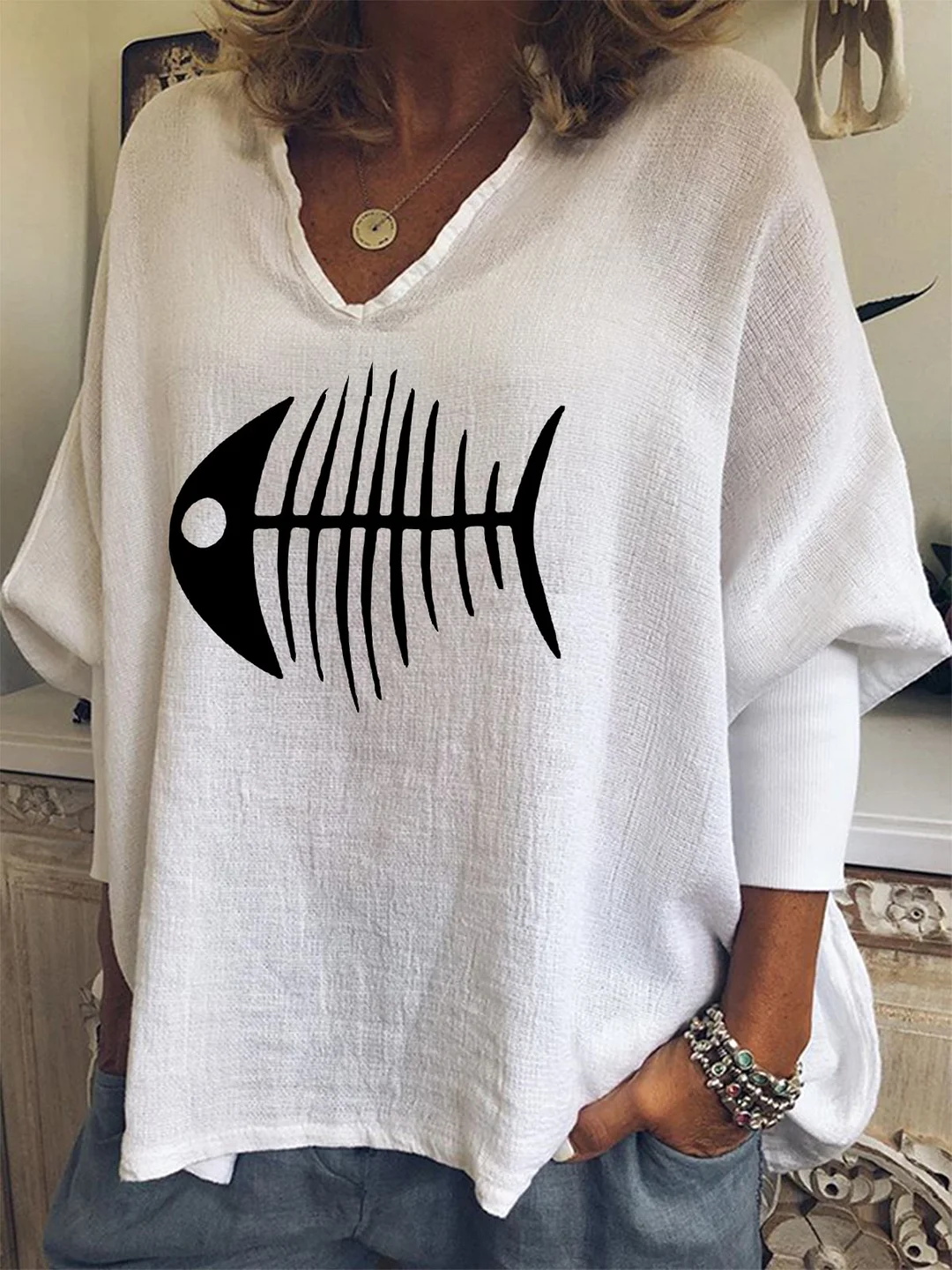 Women's Fishbone Print Cotton Shirt